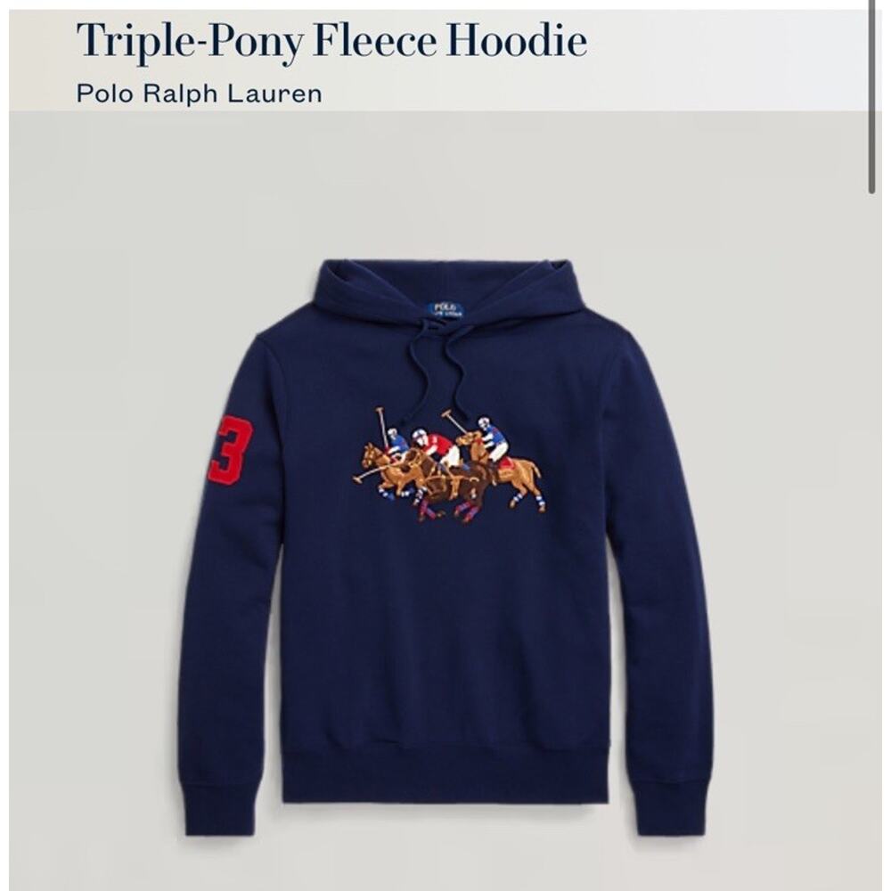 Polo Ralph Lauren Men L Navy Triple Pony Player Fleece Sweatshirt Hoodie Sweater - Picture 15 of 15